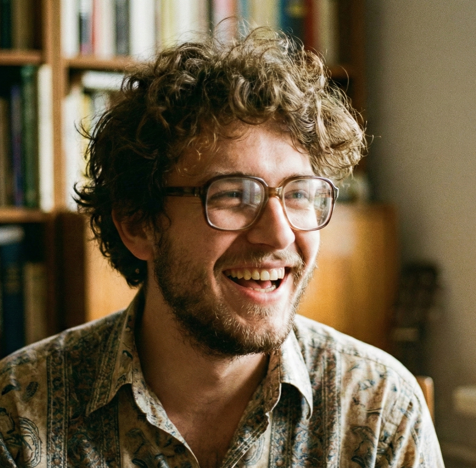 Mężczyzna z kręconymi włosami i okularami, uśmiechający się w przytulnym wnętrzu z półkami książek w tle.
